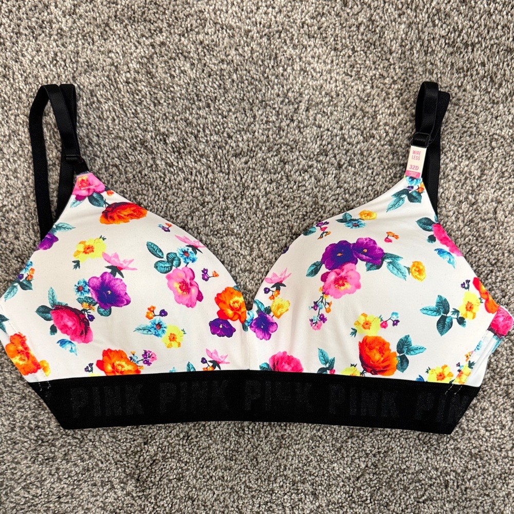 PINK Victoria's Secret Floral Bra with Black Straps